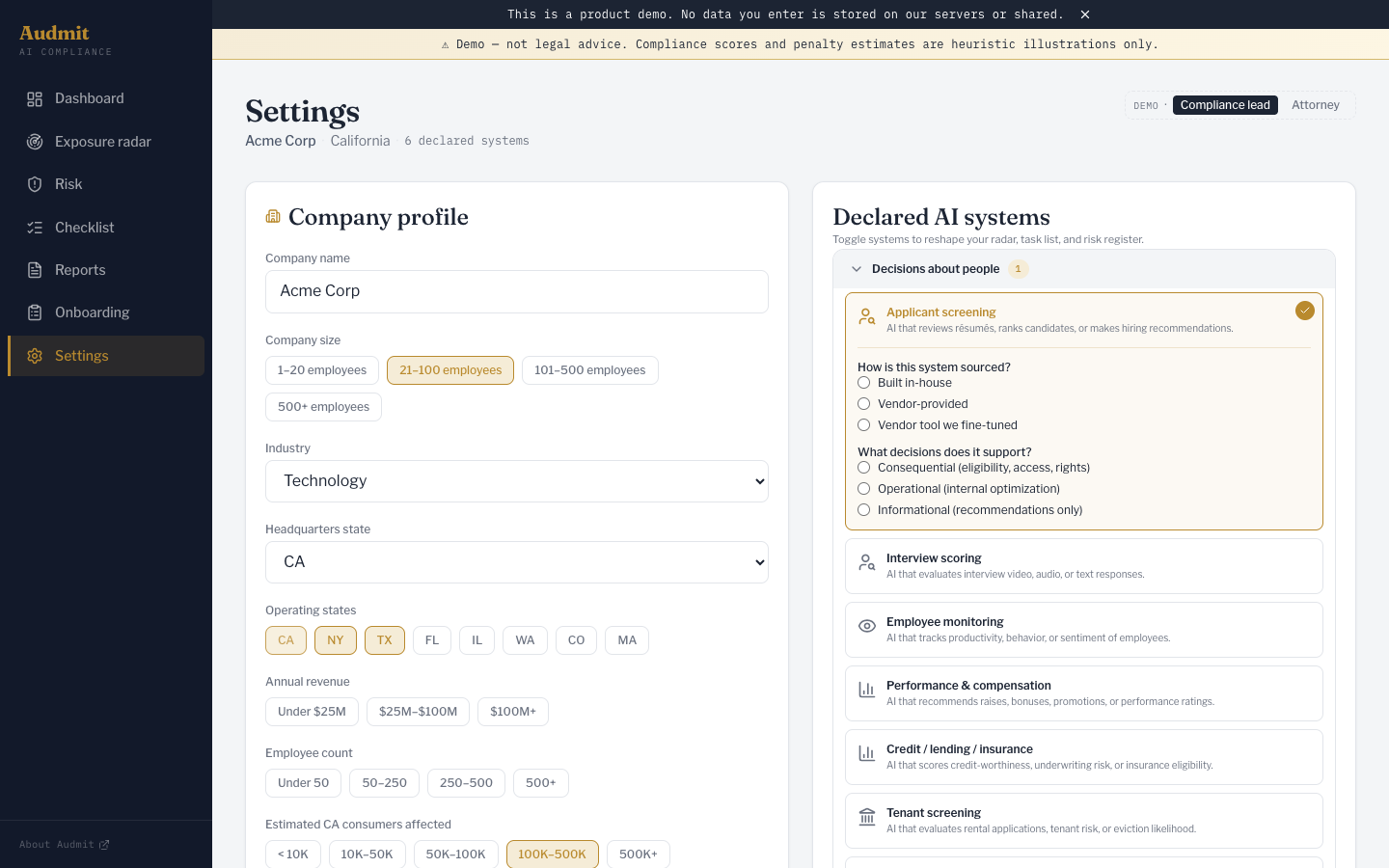 AI systems selection interface showing selectable cards for chatbot, HR screening, pricing, and other AI types